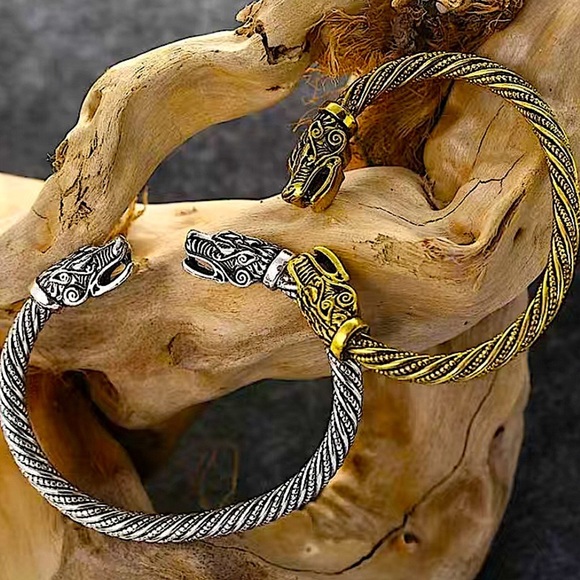 Silver Viking Wolf Head Twisted Norse Arm Band Cuff Bangle Bracelet Men Women - Picture 5 of 6